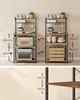 Two identical kitchen shelves are shown side-by-side, with dimensions and contents illustrated on each. The left shelf displays a microwave and an oven, while the right shelf shows bowls and a wooden crate. Measurements are indicated with arrows. Náhled obrázku produktu