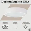 A white ceiling lamp is shown from a slightly angled perspective, with text and icons describing its features below. Produktbild-Vorschau