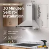 A kitchen scene showing a white range hood installed above a stovetop, with dimensions and installation information overlaid. Anteprima dell’immagine prodotto