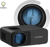 A black projector is shown with a large, stylized lens graphic behind it. Text indicates product features. Voir les images du produit