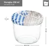 A clear studio shot of a glass jar with a checkered lid and wood-grain pattern. Voir les images du produit