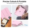 Collage of images showing a pink iPad case, a person placing an iPad into a bag, and a close-up of the iPad case. Produktbild-Vorschau