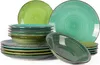 A stack of green and turquoise plates and bowls with a swirled pattern and brown edges, arranged on a white background. Náhled obrázku produktu