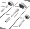 A collage of various socket wrench components and a ratchet, with labels indicating sizes. Produktbild-Vorschau