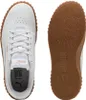 Top-down view of a pair of white Puma sneakers, with one shoe showing the interior and the other showing the sole. Produktbild-Vorschau