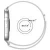 A side view of a smartwatch with a silver Milanese metal band, next to a circular diagram indicating minimum and maximum wrist sizes. Náhled obrázku produktu