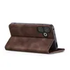A brown flip cover case for a smartphone, shown from the side and slightly from the back, with the phone inserted. Produktbild-Vorschau