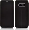 A black flip case for a Samsung Galaxy Note 8 is shown from the front and back. Produktbild-Vorschau