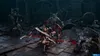 A violent battle scene from a video game, with a character fighting multiple monstrous enemies amidst blood and debris. Produktbild-Vorschau
