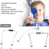 A child's eye exam with a doctor, and product shots of a neck lamp. Produktbild-Vorschau
