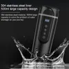 A black electric water bottle is shown with water splashing around its base against a dark background. Text describing the product's features is overlaid on the left side of the image. Podgląd zdjęcia produktu