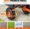 Close-up of a garden cart wheel with size indicators and images of different terrains. Voir les images du produit