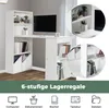 A white desk with integrated shelving units, featuring books, decorative items, and a computer monitor. The image includes close-up insets highlighting shelf details and a promotional text overlay at the bottom. Podgląd zdjęcia produktu
