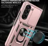 A rose gold phone case with a camera cover and ring holder is shown, with arrows pointing to a magnetic car mount. Produktbild-Vorschau