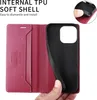 A person's hand is holding a red flip wallet phone case, showing the inside and the black TPU soft shell for a phone. Produktbild-Vorschau