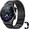 A black smartwatch with a metal band is displayed on a light gray background. The watch face shows the time, date, weather, and various fitness metrics. Náhled obrázku produktu