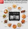 A digital air fryer oven is shown with various food items arranged around it, illustrating different cooking programs. Produktbild-Vorschau