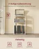 A white shelving unit with a record player and albums on it, with marketing text and icons below. Produktbild-Vorschau