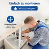 A plumber is working on a sink's plumbing under a counter. The image highlights product features with text overlays. Produktbild-Vorschau