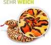 A plush snake toy with a magnified view of its patterned fabric. Produktbild-Vorschau
