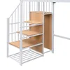 A close-up view of a white metal bunk bed with wooden shelves and stairs. Podgląd zdjęcia produktu