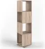 A tall, narrow, rotating bookshelf with four cubic shelves, made of light brown wood-look material, is shown against a white background. Náhled obrázku produktu