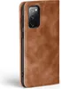 A close-up side view of a brown leather flip phone case for a Samsung Galaxy S20 FE. Produktbild-Vorschau
