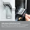 A collage showing a refrigerator air filter and its installation. Voir les images du produit