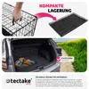 Collage showing a dog crate being folded, placed in a car trunk, and a scenic outdoor view. Produktbild-Vorschau