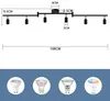 Diagram showing dimensions of a black LED ceiling spotlight fixture and illustrations of different types of light bulbs. Podgląd zdjęcia produktu
