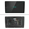 A collage of two images: the top image shows the front of a car stereo screen with a diagonal measurement overlay, and the bottom image shows the back of the car stereo with various ports and connectors. Voir les images du produit