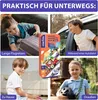 A collage of four images showing children using a magnetic toy box in different settings: packing a suitcase, in a car, at home, and outdoors. Produktbild-Vorschau