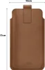 A brown leather phone pouch with dimensions indicated. Produktbild-Vorschau