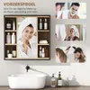 A bathroom vanity with a mirrored cabinet and sink, featuring lifestyle shots of people using grooming products. Produktbild-Vorschau