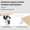 Marketing image showing features of a desk, including a headphone hook and two types of desk supports. Anteprima dell’immagine prodotto