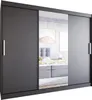 A modern sliding door wardrobe with a mirror in the center, placed in a bedroom setting. The wardrobe is dark gray and reflects a bed with pillows and artwork on the wall. Produktbild-Vorschau