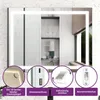 A modern bathroom mirror with integrated LED lighting and touch controls, shown with inset images highlighting its features. Produktbild-Vorschau