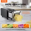 A black electric french fry cutter is shown in operation, slicing a potato. Below the cutter are images of various vegetables that can be sliced. Náhľad obrázku produktu