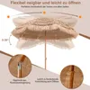 A straw-effect umbrella shown in various tilted positions, with close-up details of its mechanism and construction. Produktbild-Vorschau