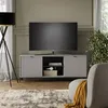 A living room scene featuring a TV stand with a television on top, a floor lamp, a plant, and a chair with a throw blanket. Náhled obrázku produktu