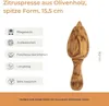 A citrus juicer made of olive wood is shown with its features listed next to it. Produktbild-Vorschau