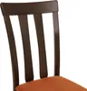 A close-up view of the back of a dining chair with an orange seat and dark brown wooden slats. Voir les images du produit