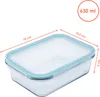 A glass food storage container with a blue lid, showing dimensions and capacity. Anteprima dell’immagine prodotto