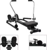 A collage of images showing a rowing machine from different angles, including close-ups of the footrests and the resistance mechanism. Voir les images du produit