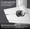 A close-up marketing image of a white range hood with a visible fan and text overlays describing its features. Produktbild-Vorschau