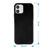 A black phone case is shown with dimensions indicated by blue lines and text. Produktbild-Vorschau