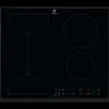 A top-down view of a black induction cooktop with two circular heating zones and one rectangular zone. Voir les images du produit