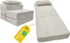 A folded guest mattress and a unfolded guest mattress with a pillow, shown on a white background. A yellow tag with text and logos is in the foreground. Produktbild-Vorschau