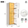 A diagram showing a tall, narrow cabinet with glass doors and internal shelves, with dimensions and feature callouts. Produktbild-Vorschau