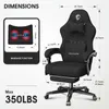 A diagram showing the dimensions of a black gaming chair, along with a close-up of its massage function. Podgląd zdjęcia produktu